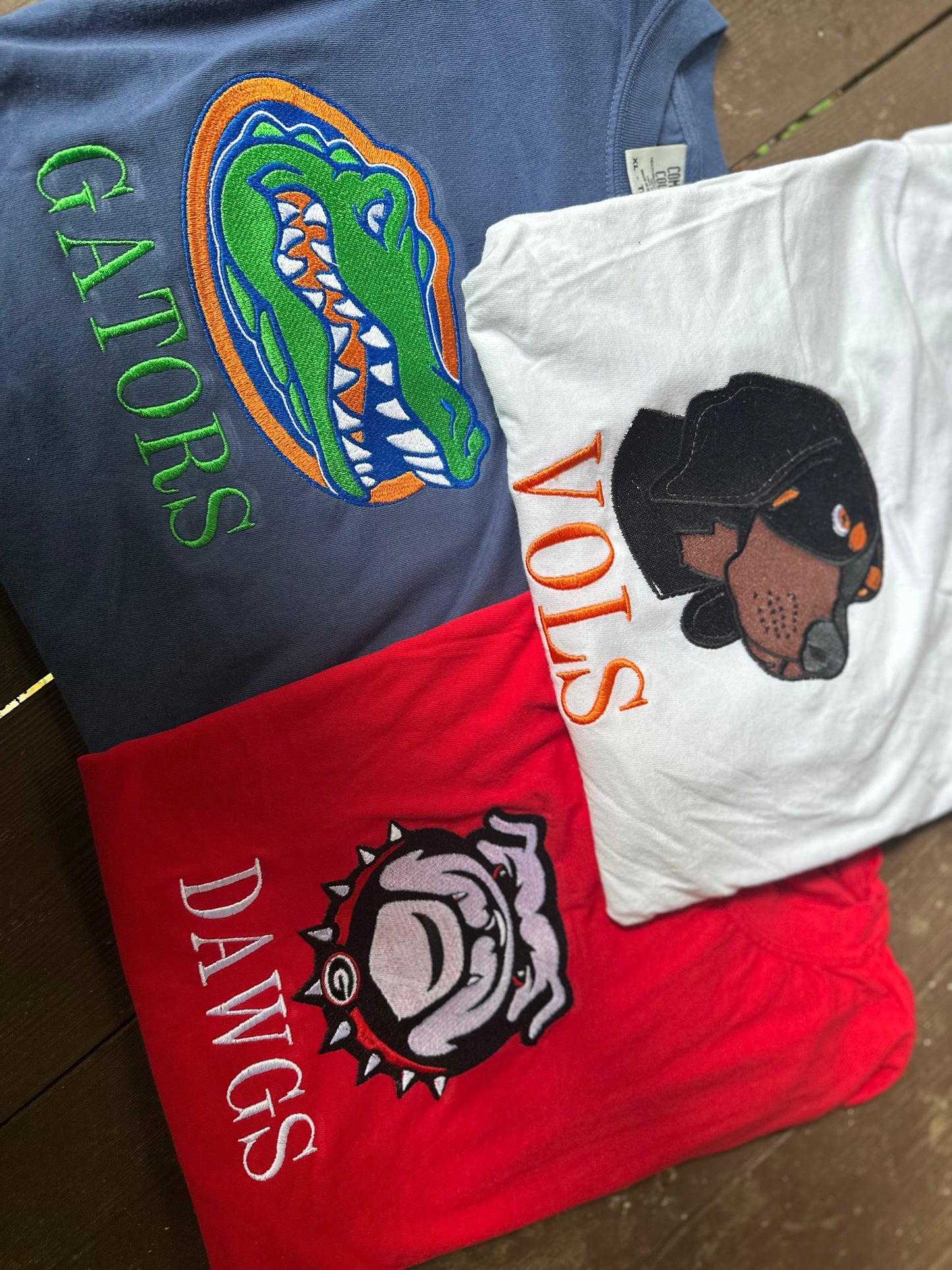 College Game Day Embroidered Tees – Gators | Vols | Dawgs