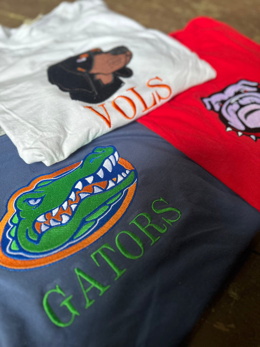 College Game Day Embroidered Tees – Gators | Vols | Dawgs