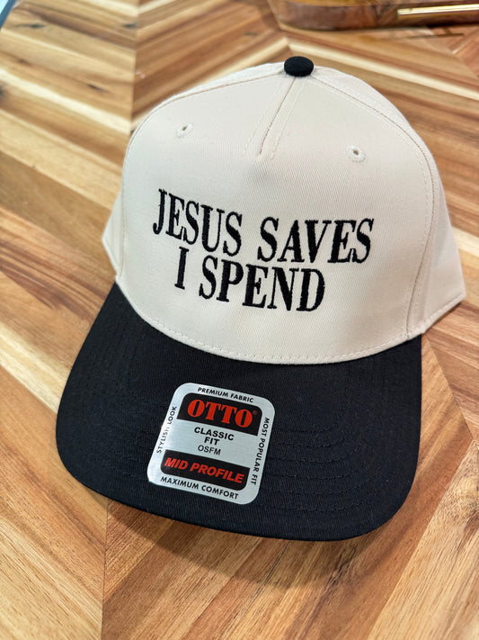 “Jesus Saves, I Spend” Embroidered Hat – Otto Brand (Two-Tone)